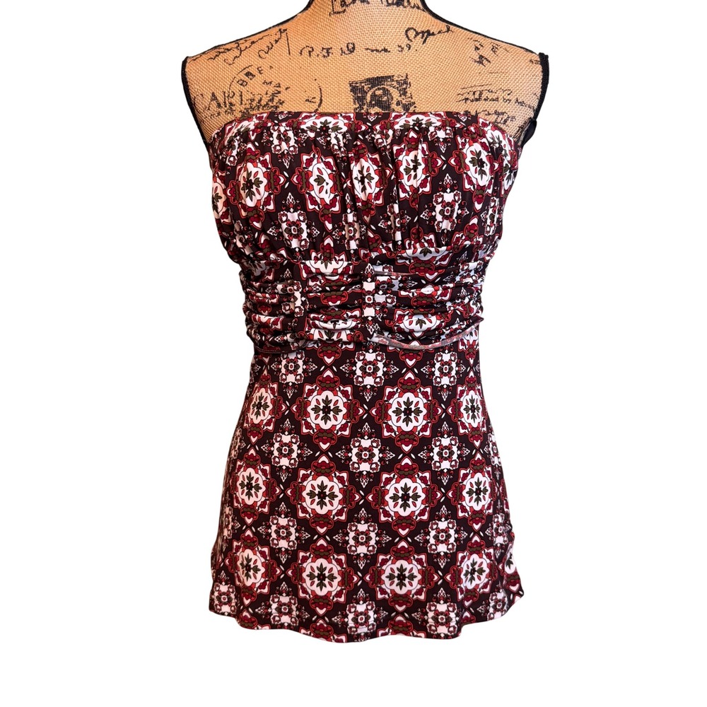 Rampage Womens Medium Brown Red Y2K Medallion Print Ruched‎ Buckle Tube Top Boho